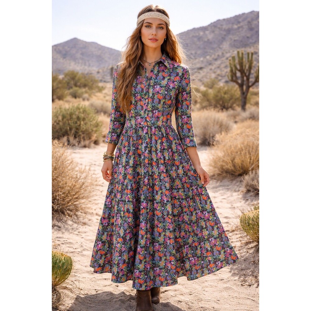 Boden Dress Womens 8R UK 12R Black Floral Maxi Long Sleeve Pockets Boho